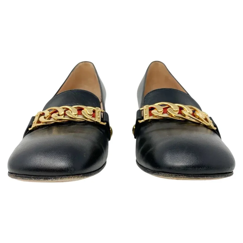 Gucci Sylvie Chain Black Leather Block Heel Pumps EU 37.5